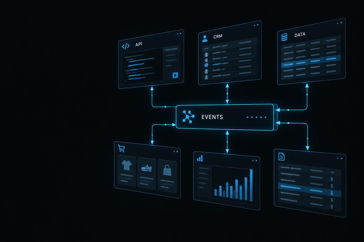 Harta ilustrativa de API-uri care conecteaza comert, CRM, facturare si date.